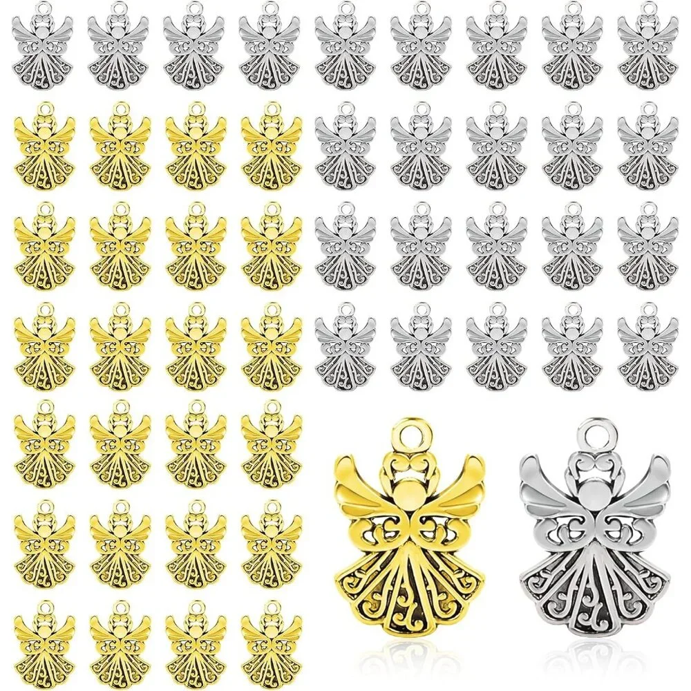 50PCS Metal Angel Charms for Jewelry Making, Alloy Antique Angel Wing Beads Bulk